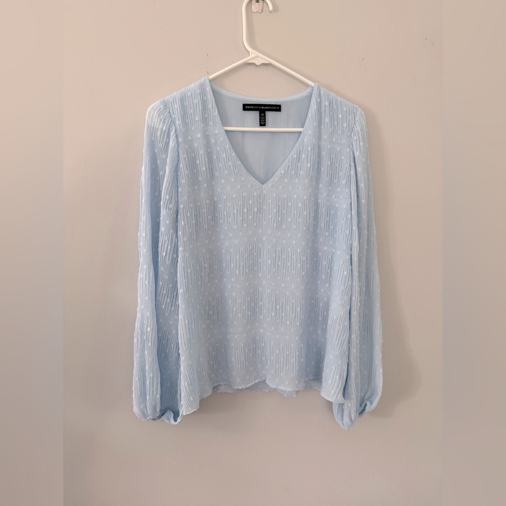 White House Black Market Light Blue Dot Poplin Sheer Lined Blouse Long Sleeve XS